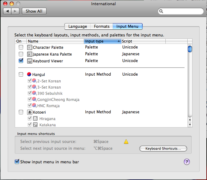 Mac OS X internation options menu